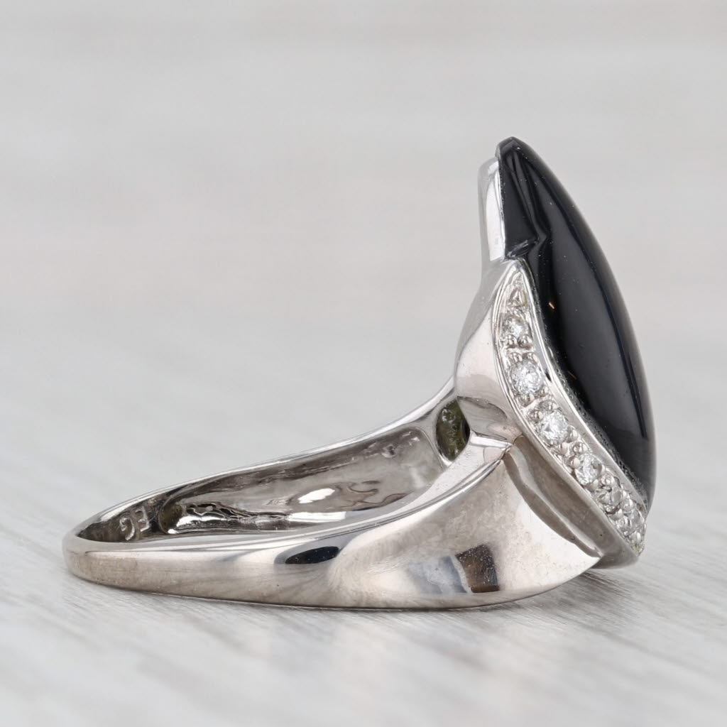 Light Gray Baroque Devitrified Black Glass Diamond Ring 14k White Gold Size 8.25 Statement