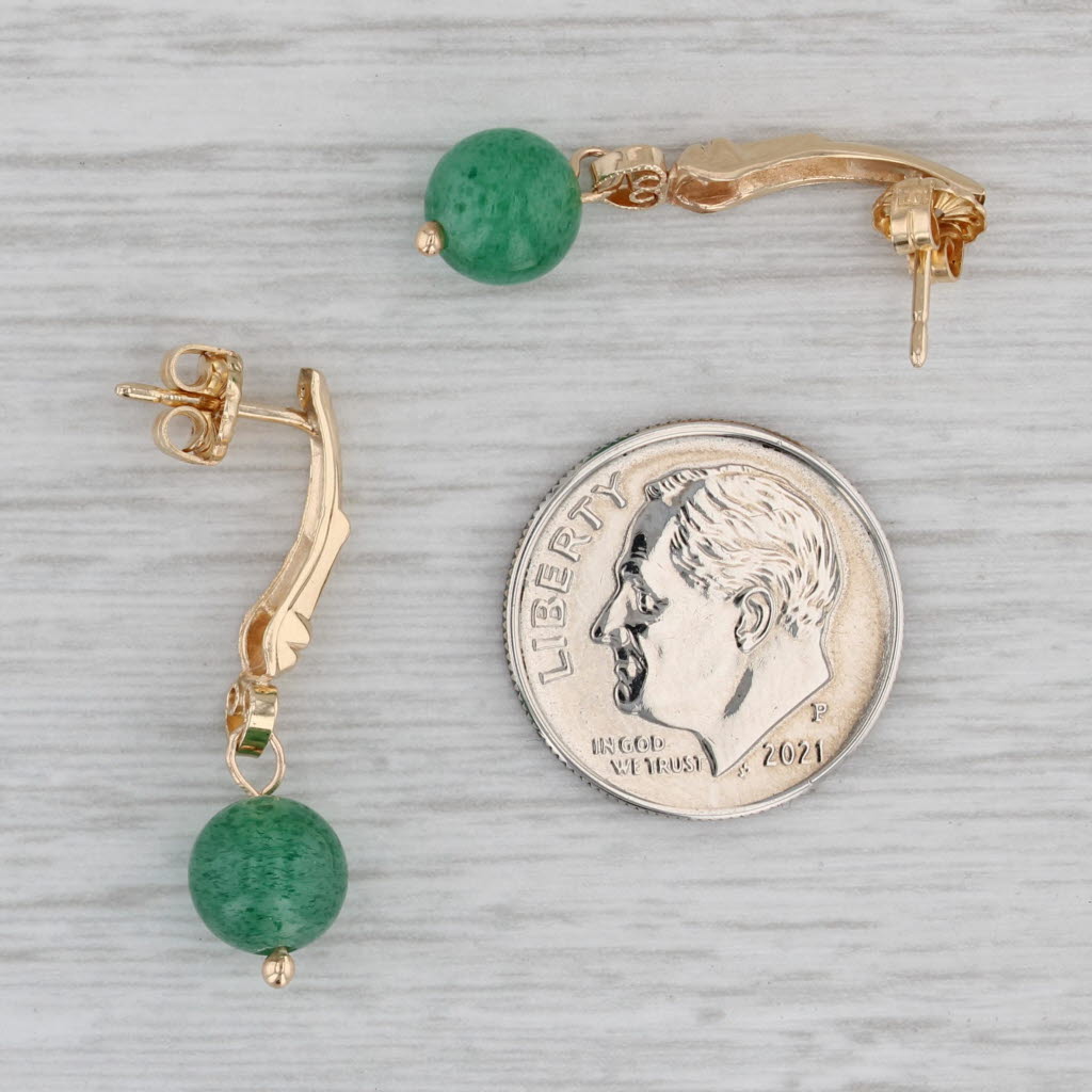 Gray Green Aventurine Bead Drop Earrings 14k Yellow Gold