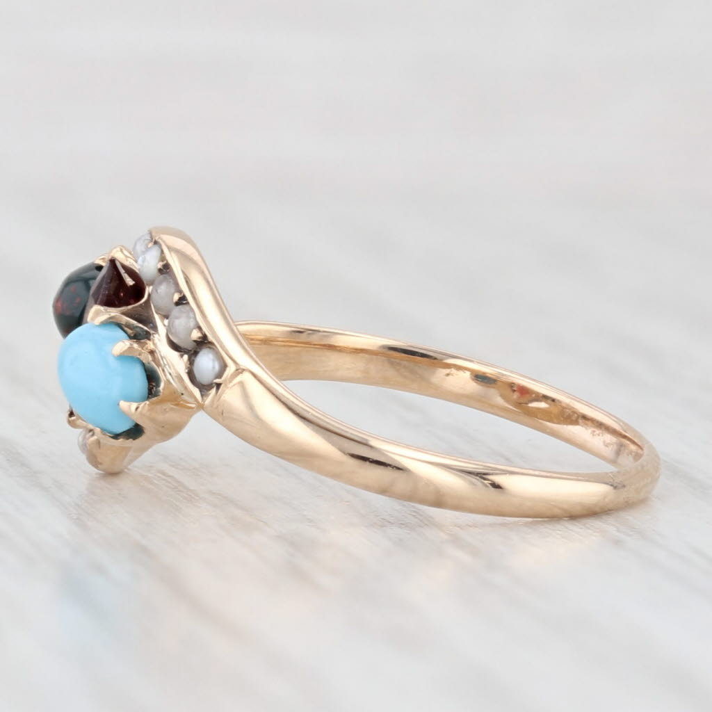 Light Gray Victorian Pearl Bloodstone Garnet Bypass Ring 10k Yellow Gold Size 6.75