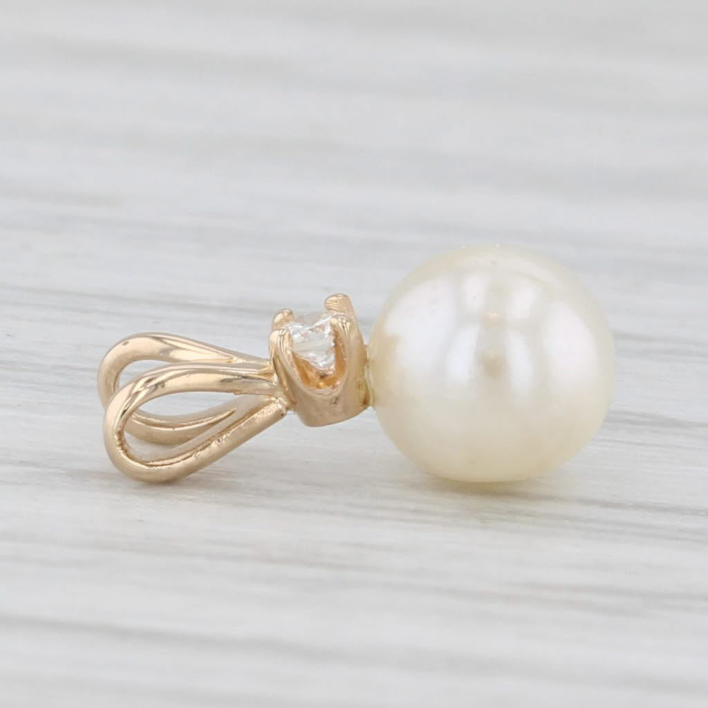 Light Gray Vintage Cultured Pearl Diamond Small Drop Pendant 14k Yellow Gold