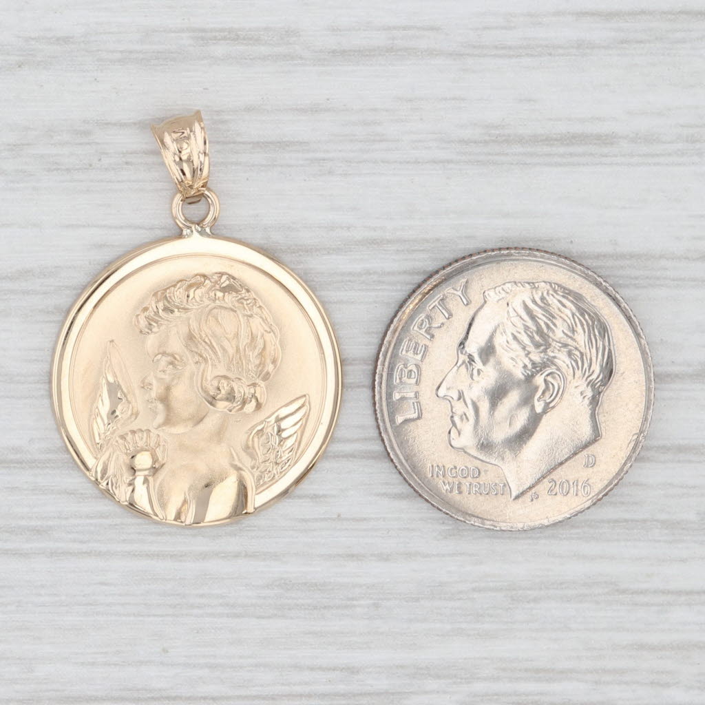 Light Gray Guardian Angel Pendant 14k Yellow Gold Prayer Protection Token Cherub