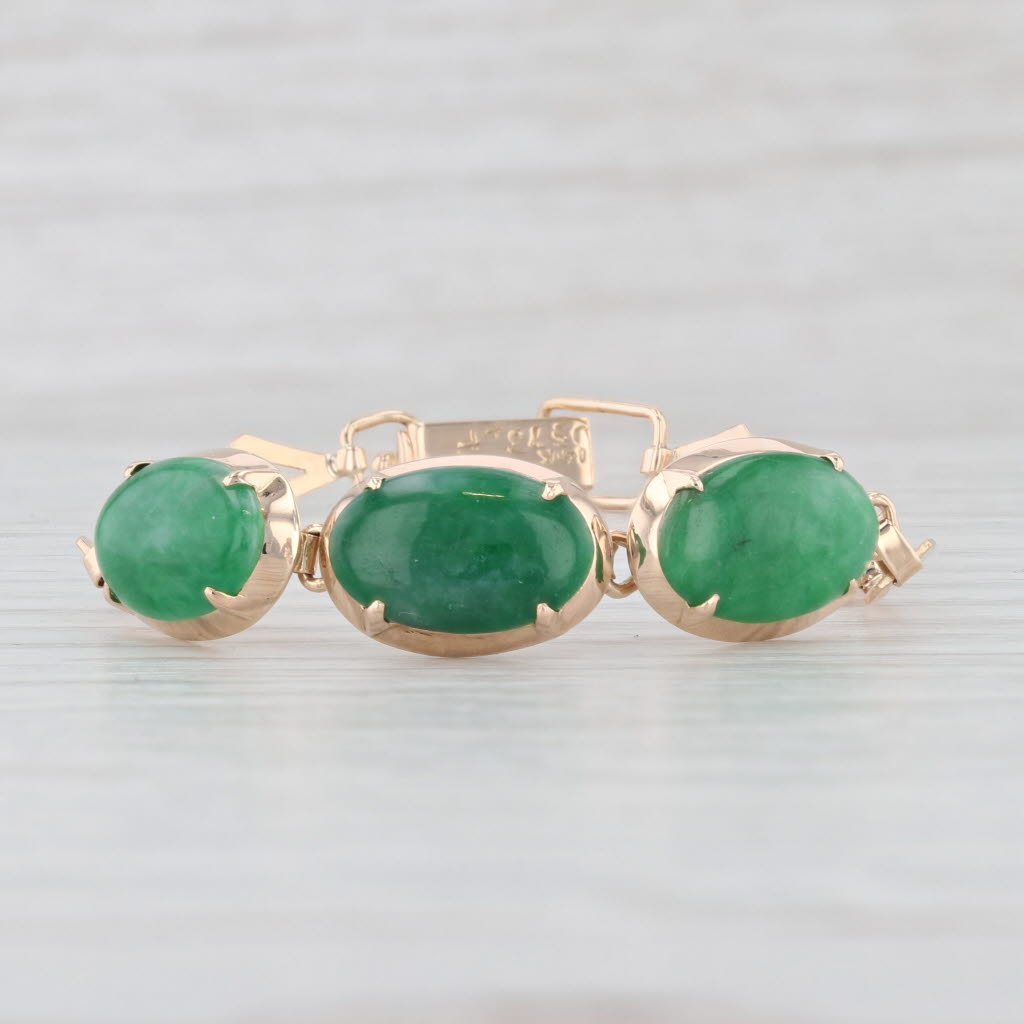Light Gray Green Jadeite Jade 3-Stone Oval Cabochons Bracelet 14k Rose Gold 6.25"