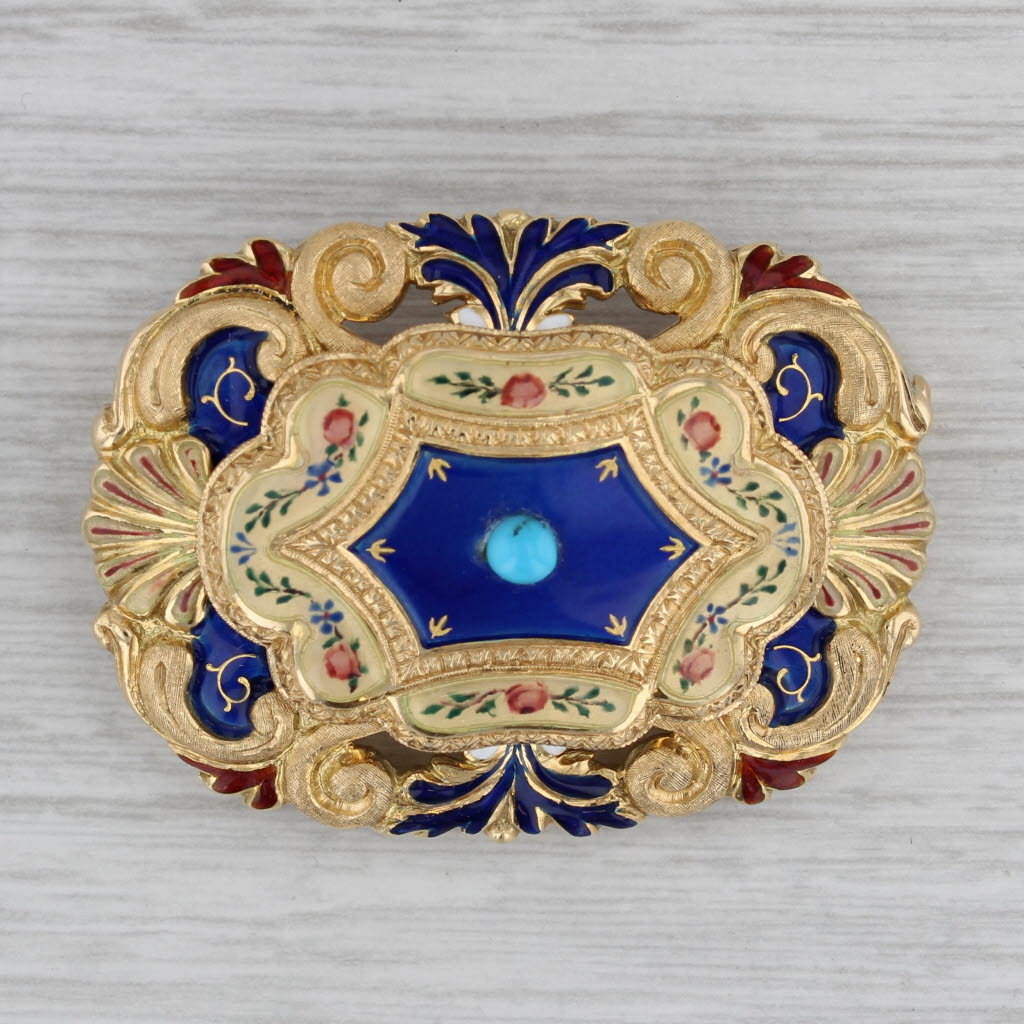 Gray Antique Turquoise Ornate Floral Brooch 18k Gold Enamel Pin