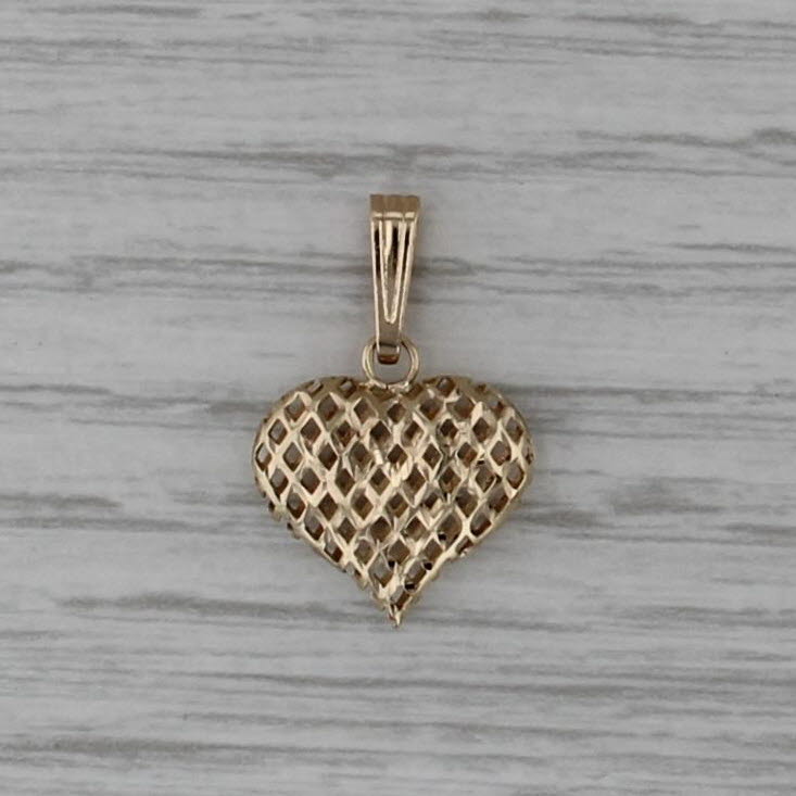 Mesh Crosshatch Openwork Puffy Heart Pendant 14k Yellow Gold Small Drop