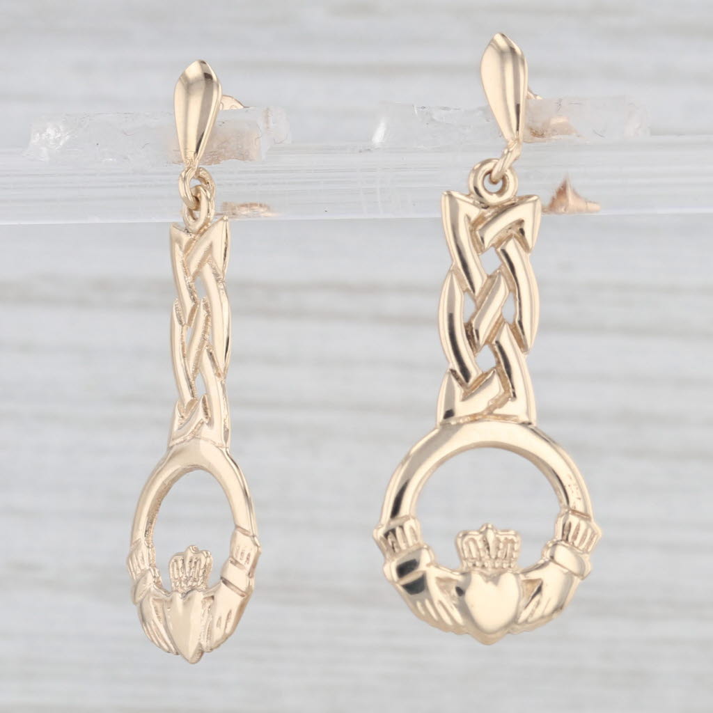 Light Gray Irish Claddagh Celtic Knot Dangle Earrings 9k Yellow Gold Drops