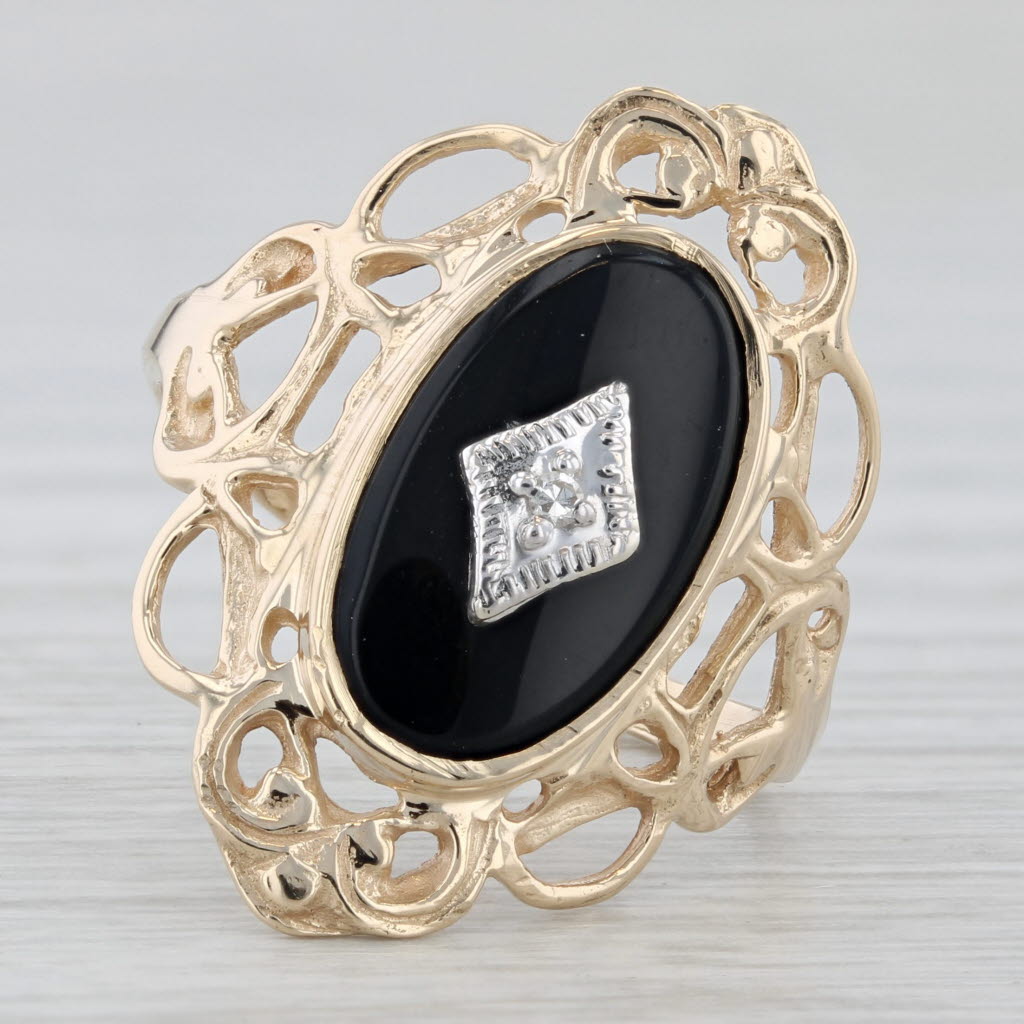Light Gray Vintage Onyx Diamond Signet Ring 10k Yellow Gold Size 7.25 Ornate Openwork