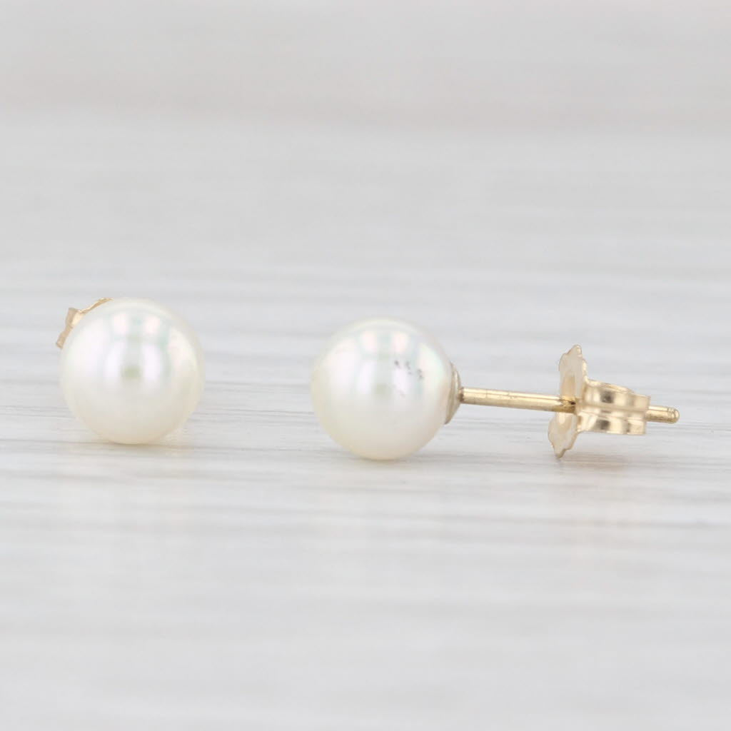 Light Gray 5.5mm Cultured Pearl Stud Earrings 14k Yellow Gold Round Bead Solitaires