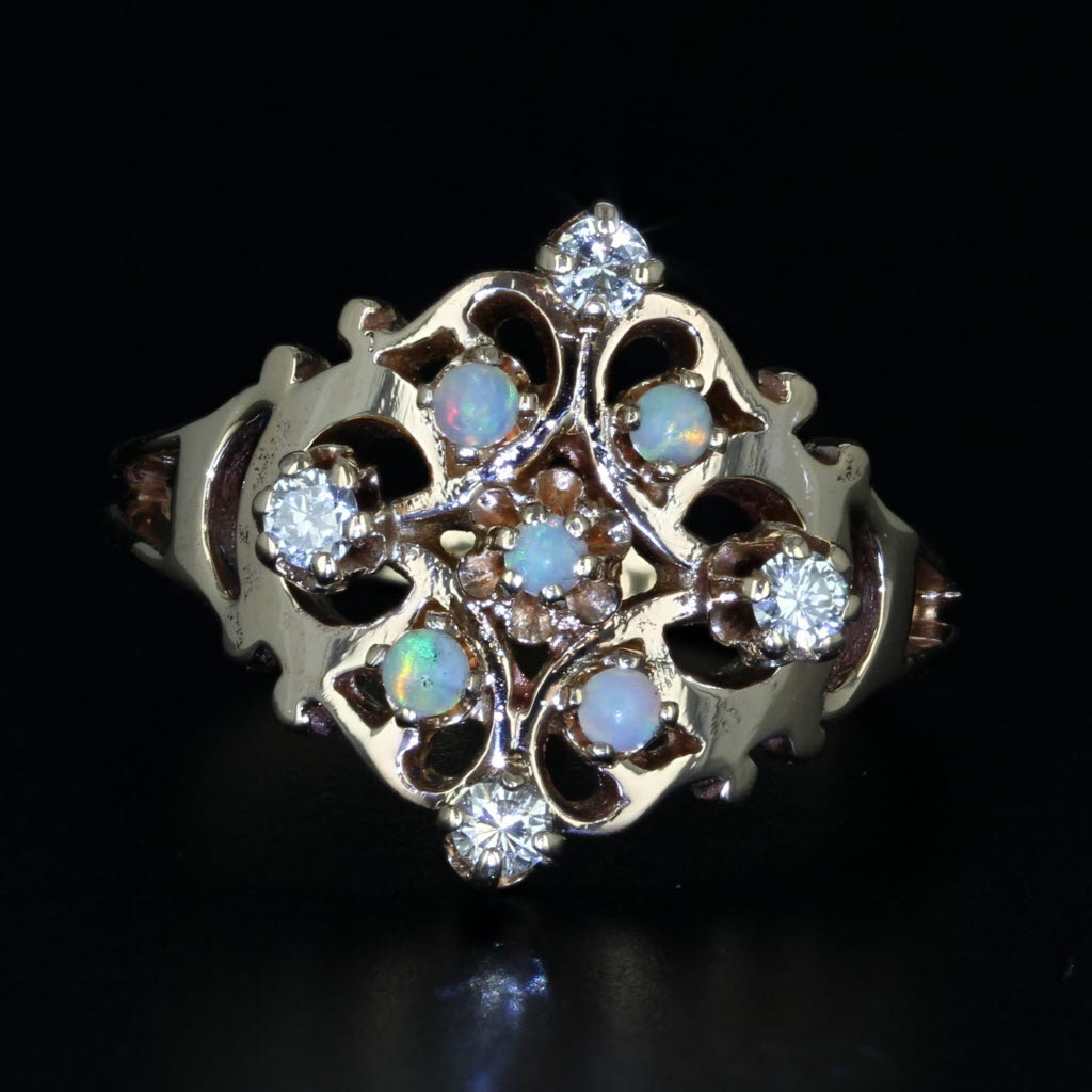 Gray Vintage Opal Diamond Ring 14k Yellow Gold Size 7.25