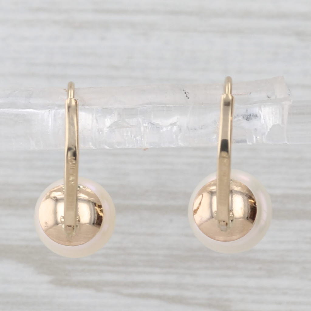 Cultured Pearl Button Drop Earrings 14k Yellow Gold Lever Backs