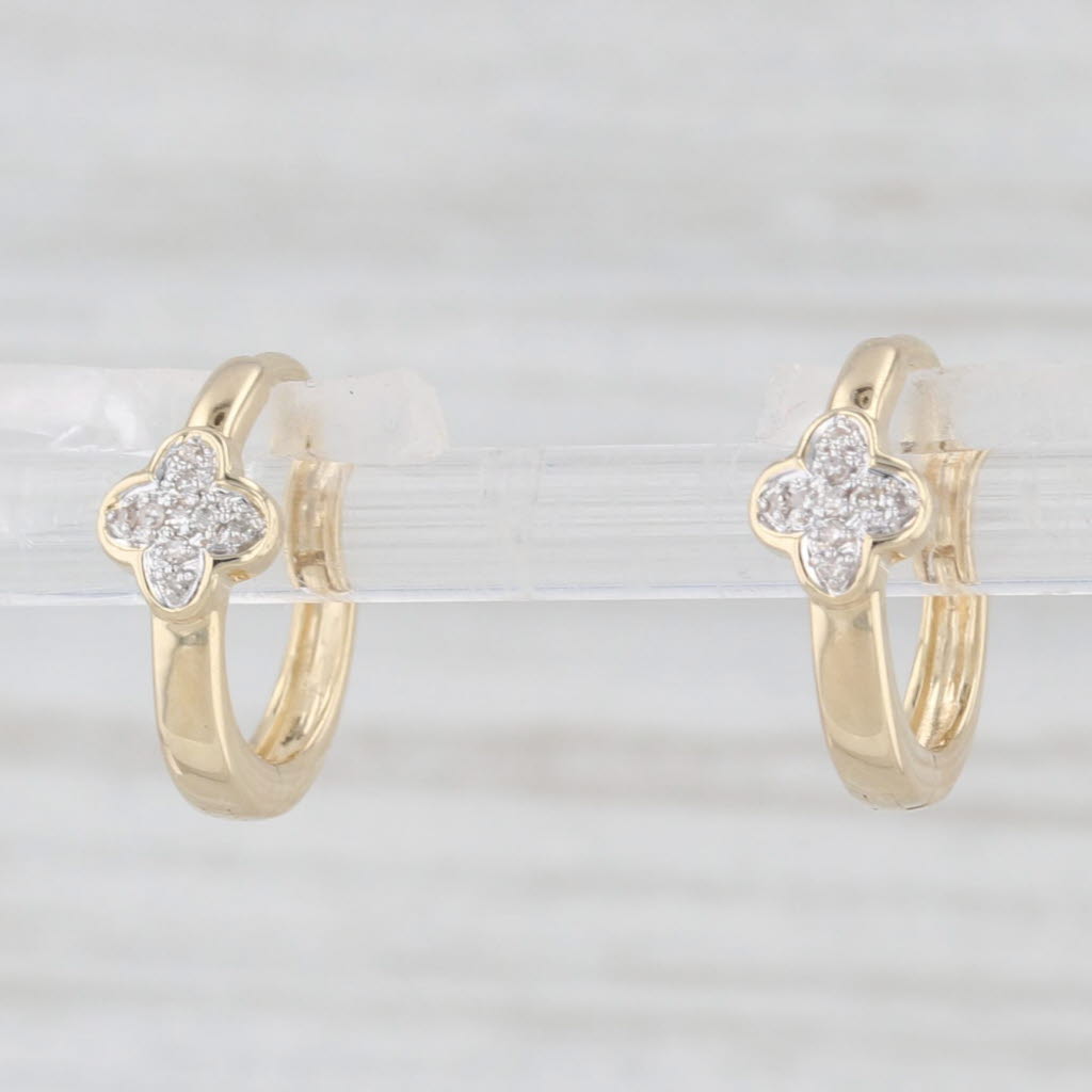 Light Gray New Diamond Flower Small Hoop Huggie Earrings 10k Yellow Gold