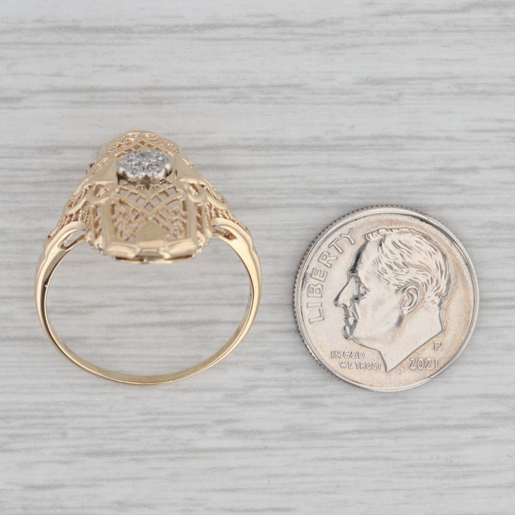 Gray Diamond Cluster Filigree Ring 10k Yellow Gold Size 9 Vintage Art Deco