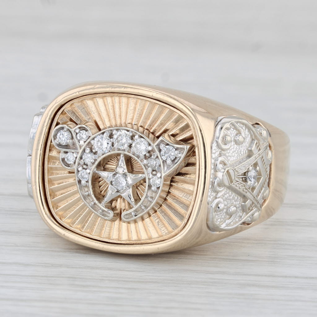 Light Gray 0.23ctw Diamond Shriners Signet Ring 14k Gold Masonic Scottish Rite Blue Lodge