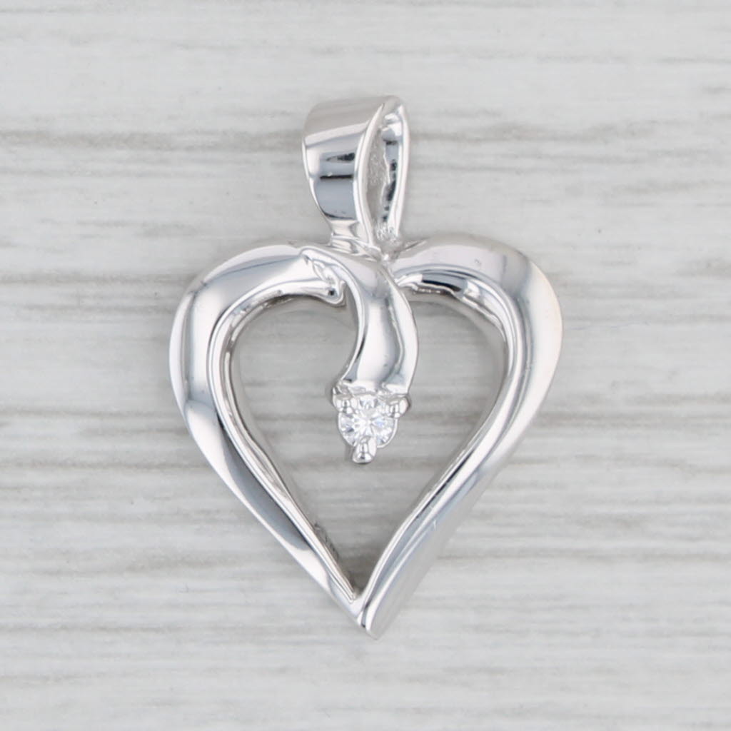 Light Gray Diamond Open Heart Pendant 14k White Gold Round Solitaire