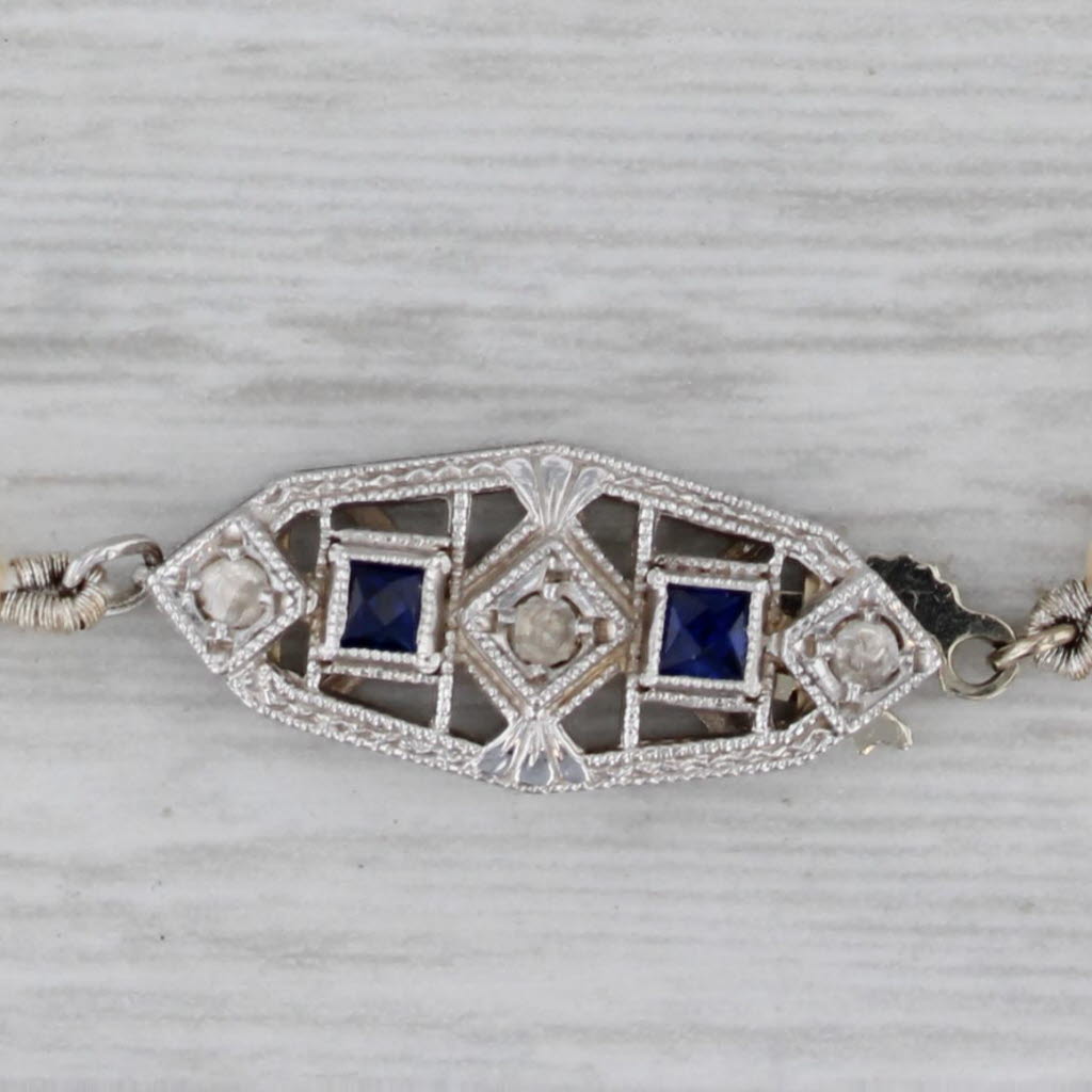 Art Deco Lab Created Sapphire Diamond Graduated Cultured Pearl Necklace 14k Gold
