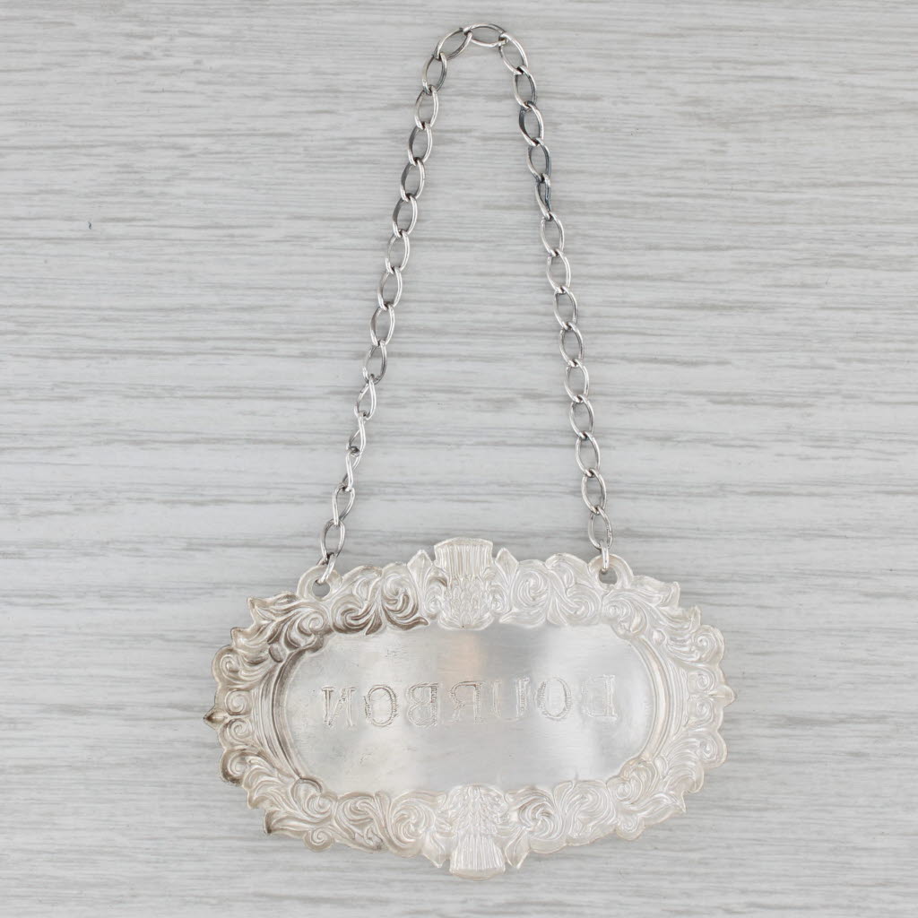 Gray Vintage Bourbon Decanter Bottle Tag Charm British Sterling Silver Barware Ornate