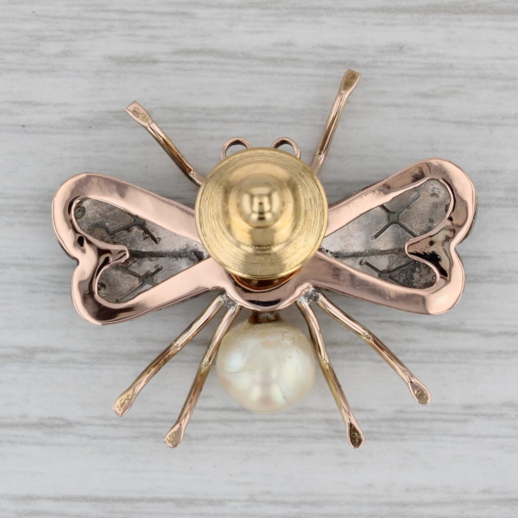 Gray Vintage Flying Insect Bug Brooch 14k Gold Pearl Lab Created Ruby Pin