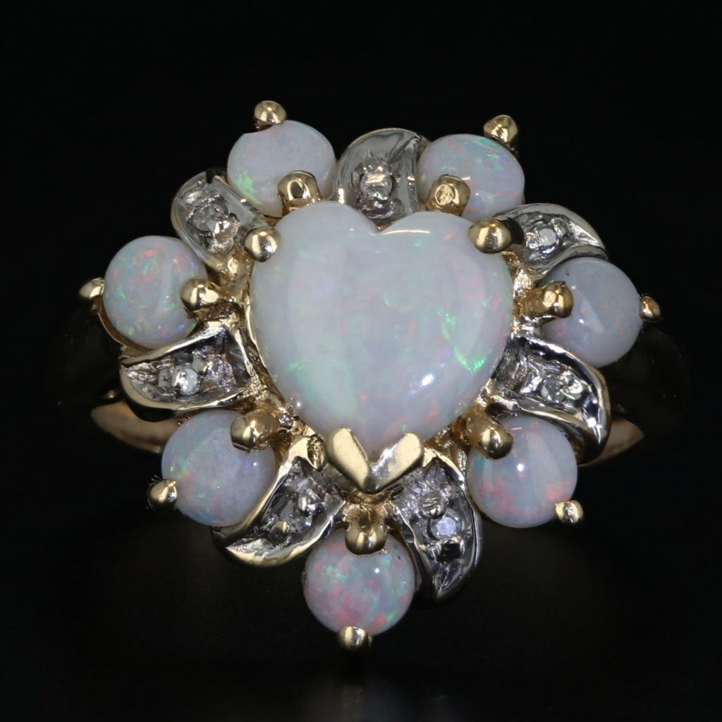 Dark Gray Opal Heart Halo Diamond Ring 10k Yellow Gold Size 4.25