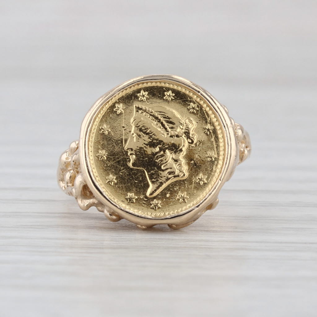 1854 1 Dollar Liberty Head Gold Coin Ring 14k 900 Yellow Gold Size 5