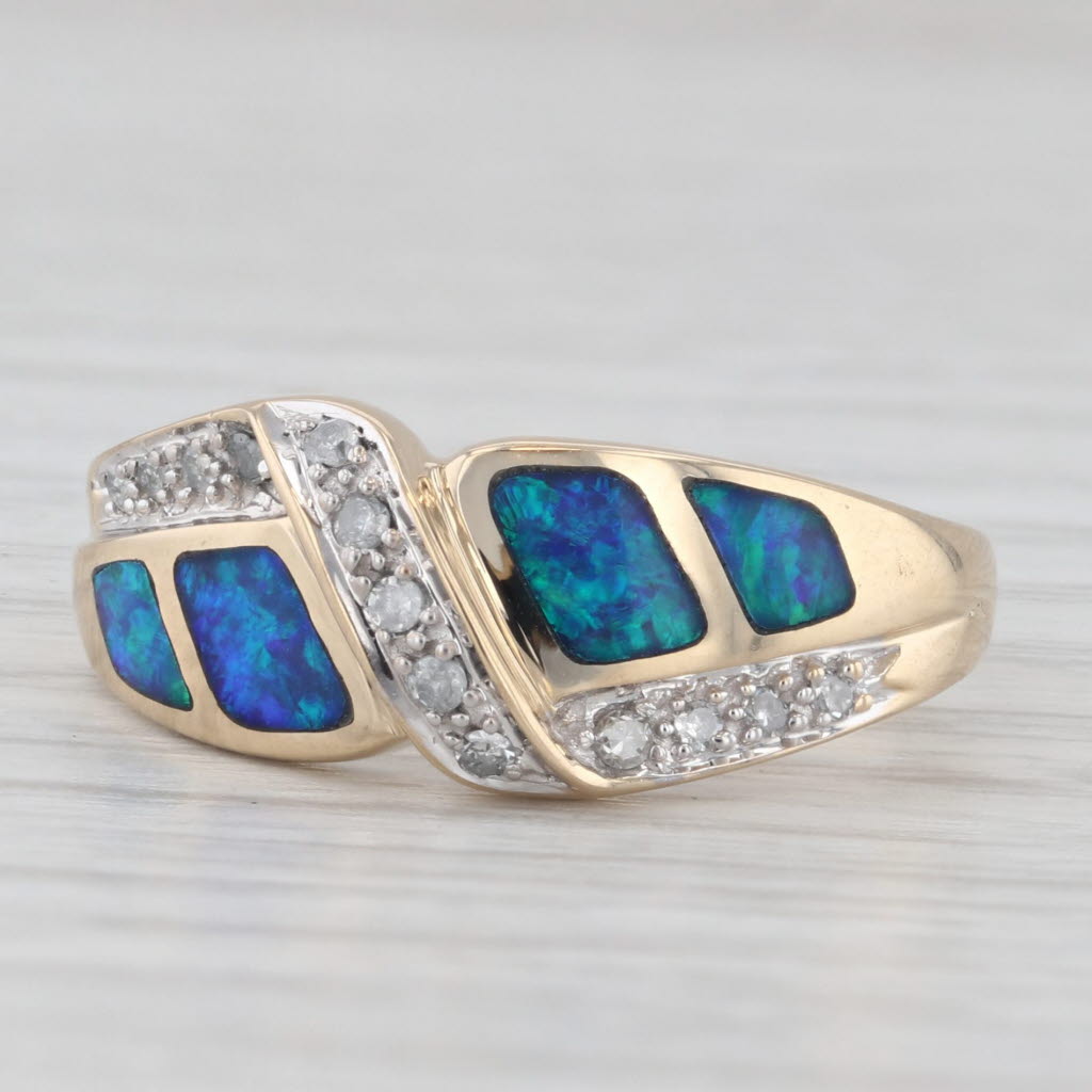 Light Gray Blue Green Opal Inlay Mosaic Diamond Ring 14k Yellow Gold Size 7.25