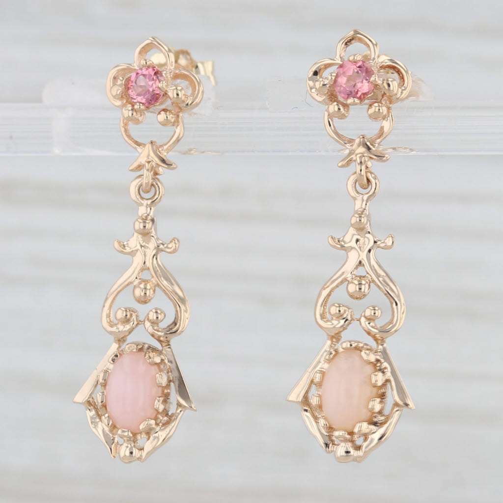 Light Gray 0.24ctw Pink Tourmaline Opal Floral Dangle Earrings 14k Yellow Gold