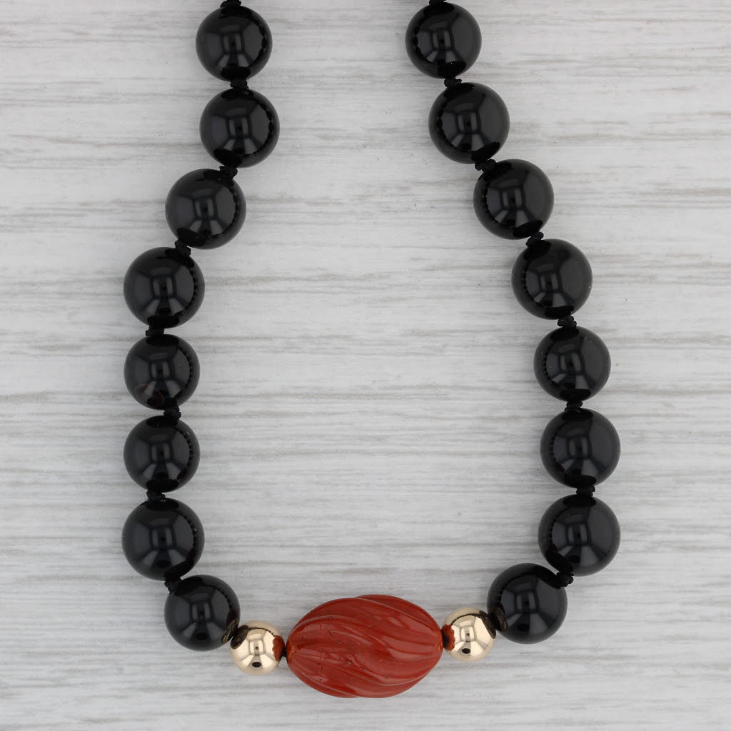 Gray Black Onyx Red Jasper Bead Necklace 14k Yellow Gold 29.5" Long Strand