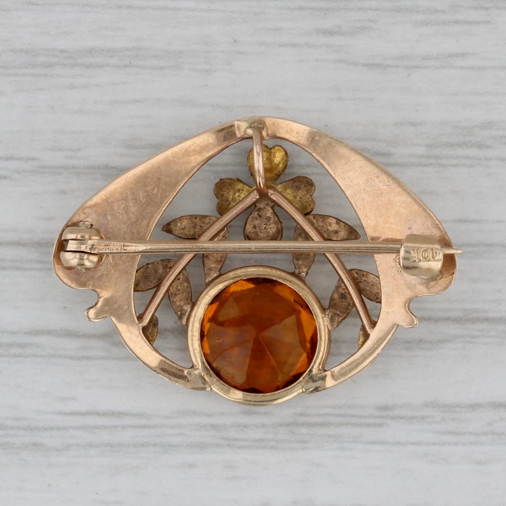 Gray Antique Pearl Glass Flower Pin 10k Gold Brooch