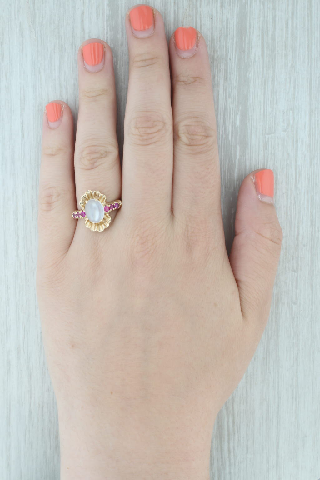 Retro Moonstone Lab Created Ruby Ring 14k Yellow Gold Size 9.75