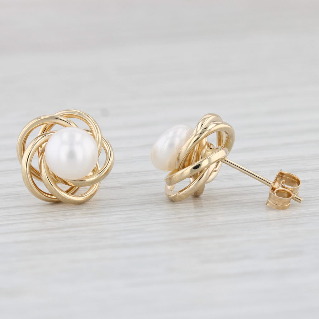 Light Gray Cultured Pearl Button Knot Stud Earrings 14k Yellow Gold