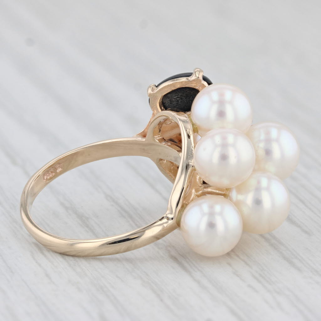 Light Gray Black Coral Cultured Pearl Cluster Ring 14k Yellow Gold Size 7.5 Cocktail