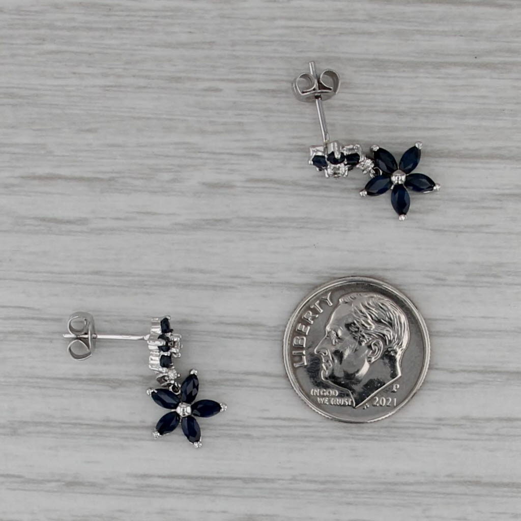 2ctw Blue Sapphire Diamond Flower Dangle Earrings 14k White Gold Drops