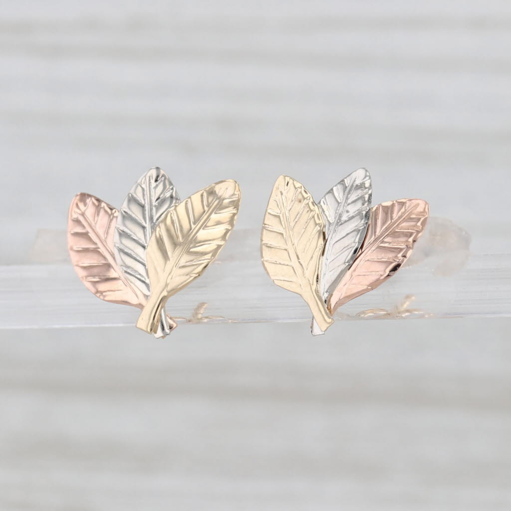 Tri-Toned Leaf Stud Earrings 14k White Yellow Rose Gold Studs
