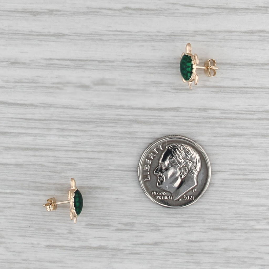Small Turtle Stud Earrings 14k Yellow Gold Green Enamel Studs