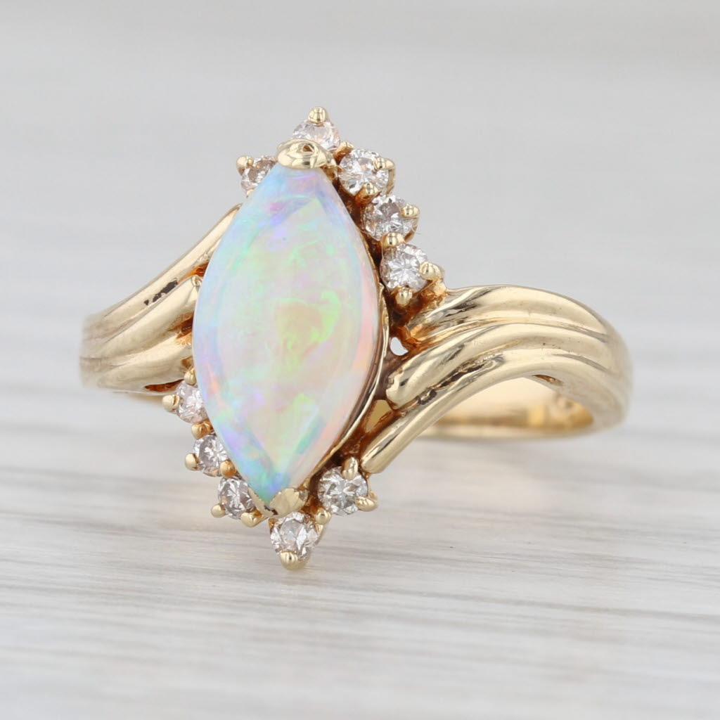 Marquise Opal Cabochon Diamond Ring 14k Yellow Gold Bypass Size 5.5