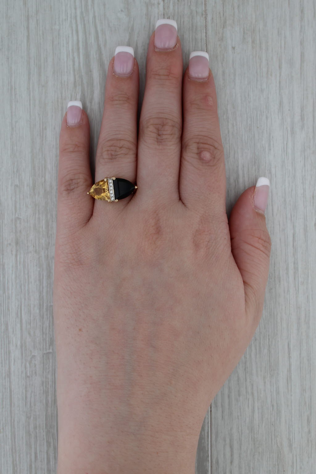 Black Onyx Yellow Citrine Diamond Ring 14k Yellow Gold Size 8-8.25