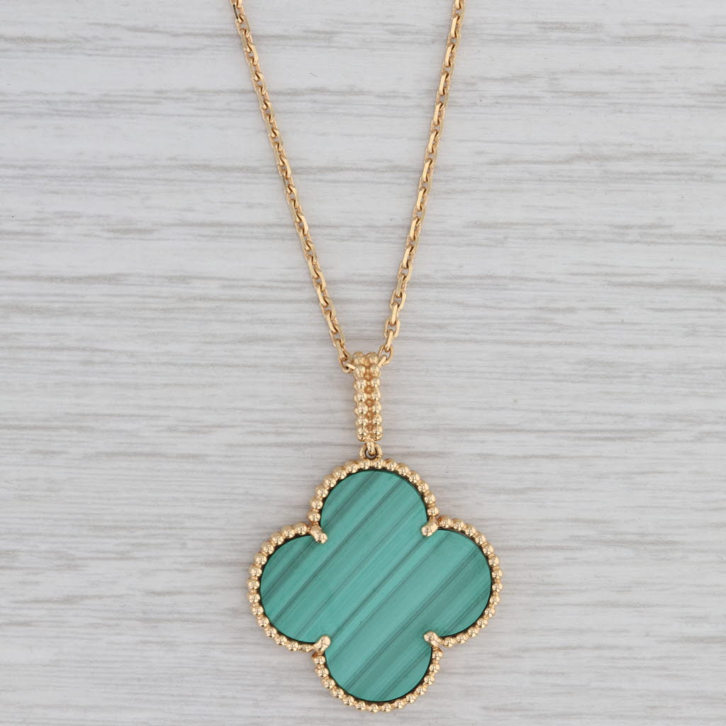 Gray Van Cleef Arpels VCA Alhambra Malachite Magic Clover Necklace 18k Gold 35" Box