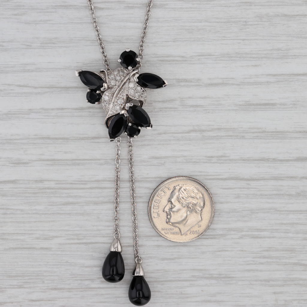 Gray 0.16ctw Diamond Onyx Chalcedony14k White Gold Lariat Pendant Necklace
