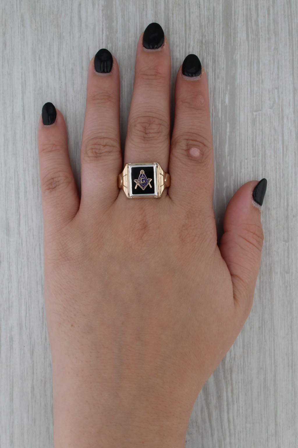 Vintage Enamel Masonic Signet Ring 10k Gold Sterling Silver Blue Lodge Size 14.5