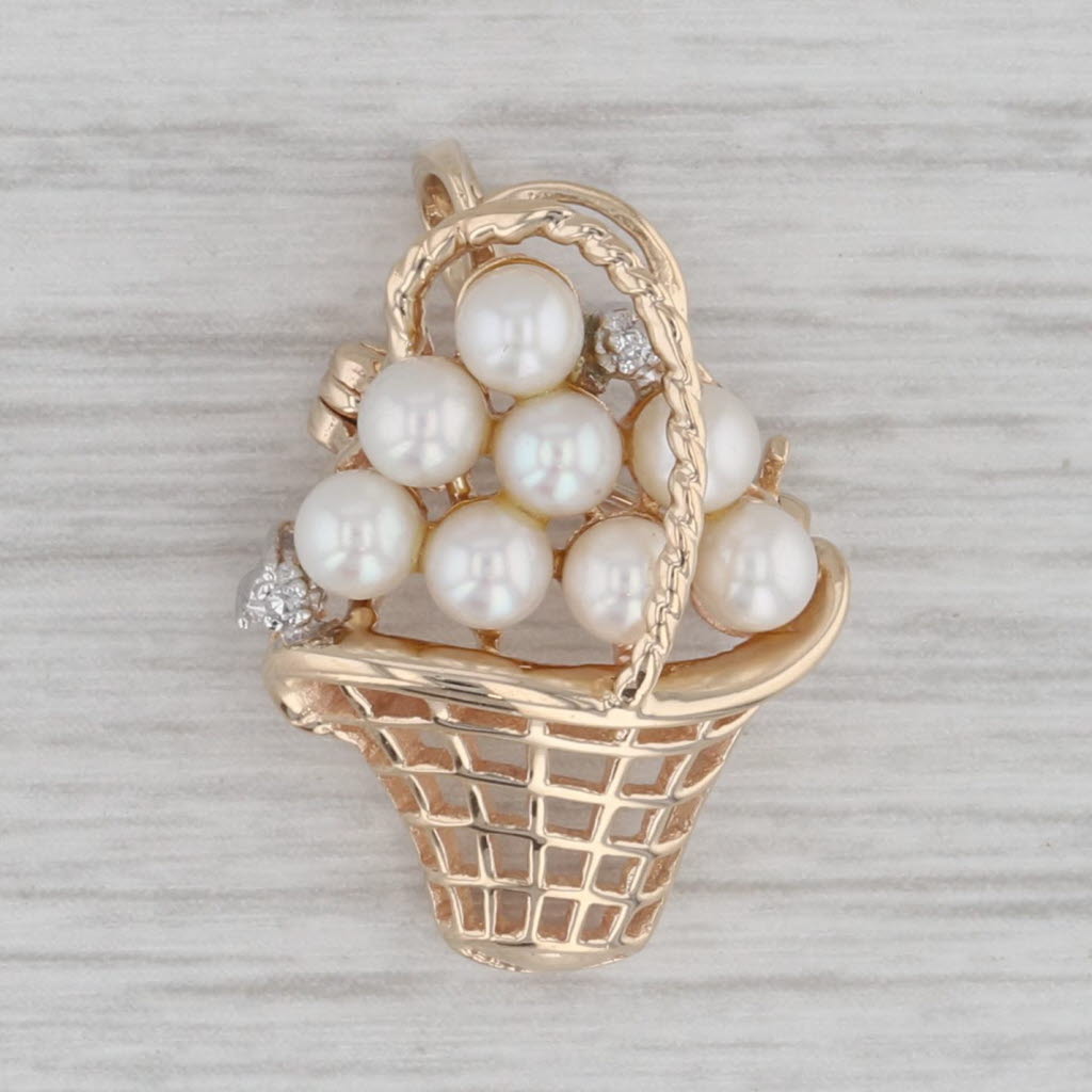 Gray Cultured Pearl Cluster Basket Flower Bouquet Pendant Pin 14k Gold Brooch Diamond