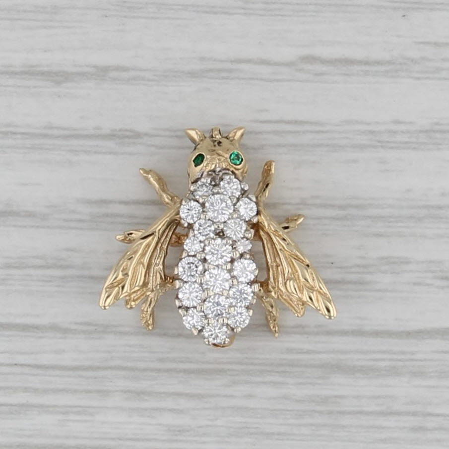 0.70ctw Diamond Cluster Bee Pin 14k Yellow Gold Emerald Eyes Artisan Signed