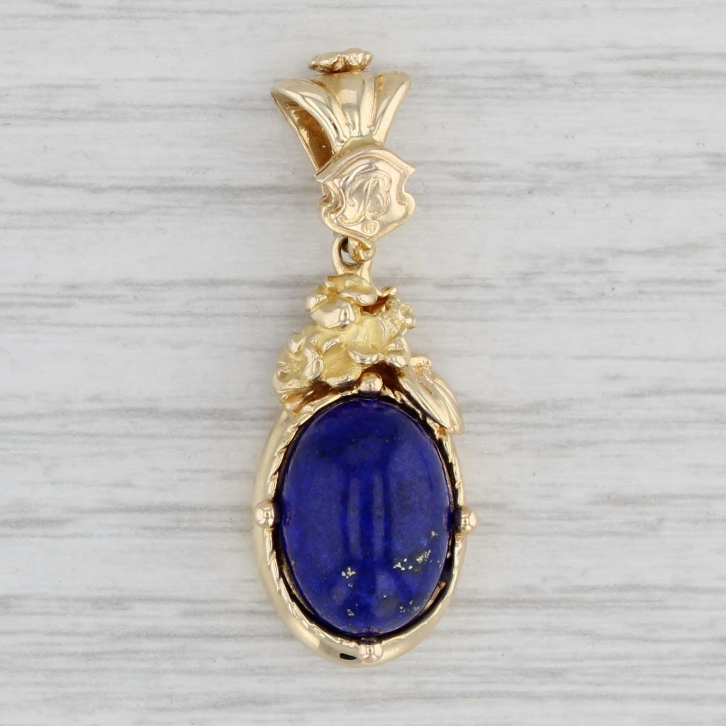 Light Gray Vintage Lapis Lazuli Floral Pendant 14k Yellow Gold Blue Oval Cabochon