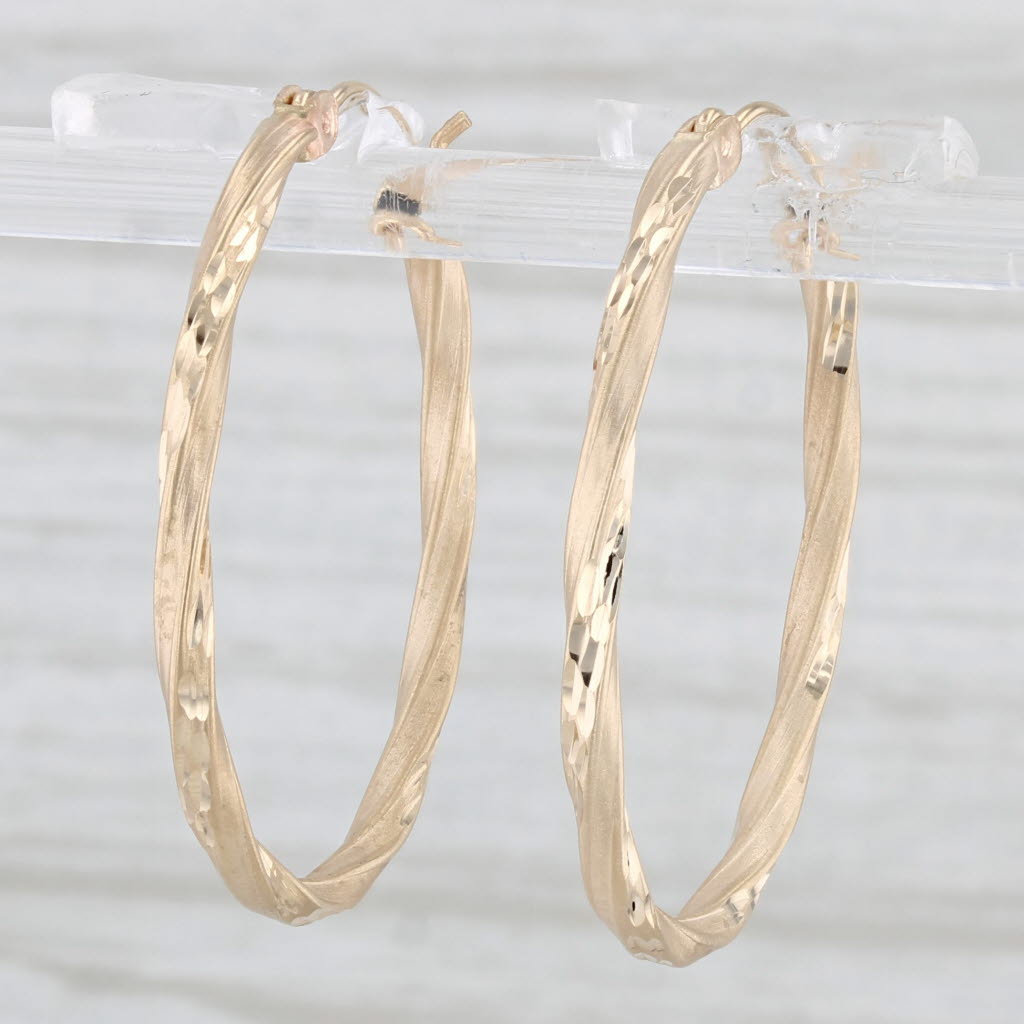 Light Gray Oval Twist Hoop Earrings 14k Yellow Gold Snap Top Hoops