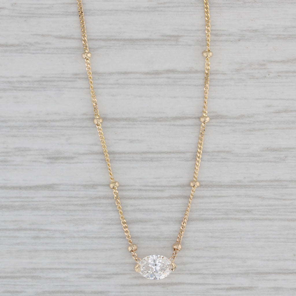 Gray New 0.43ct Marquise Diamond Solitaire Bead Station Necklace 14k Gold 16" GIA