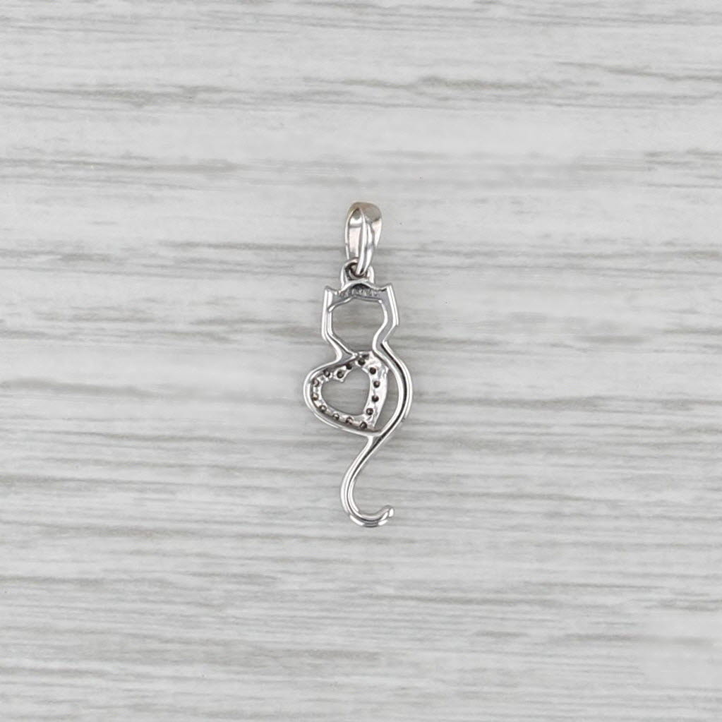 Diamond Heart Cat Pendant 14k White Gold Charm