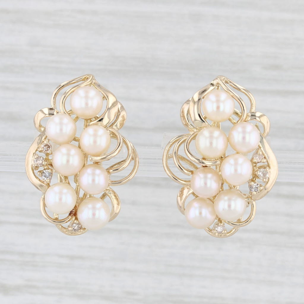 Light Gray Cultured Pearl Diamond Drop Earrings 14k Yellow Gold Omega Backs
