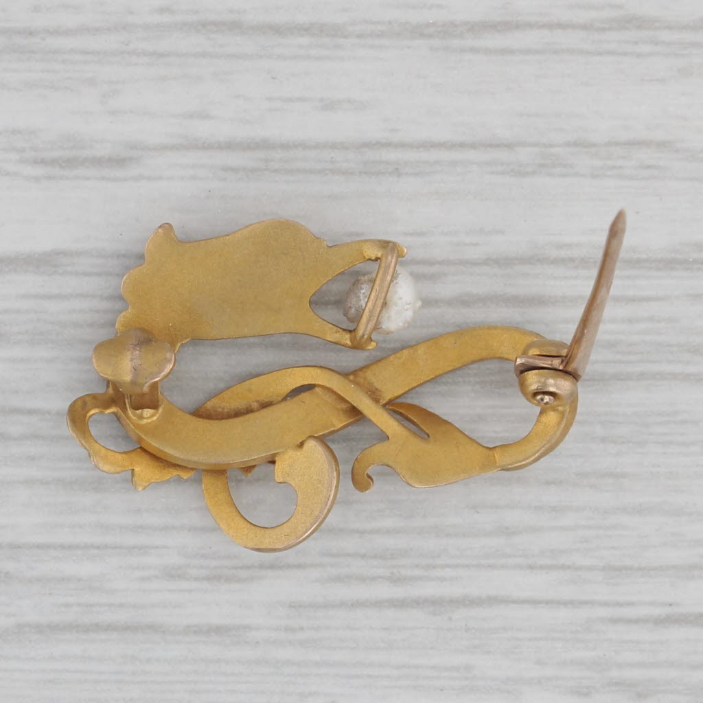 Gray Art Nouveau Cultured Baroque Pearl Dragon Pin 10k Yellow Gold Antique Brooch