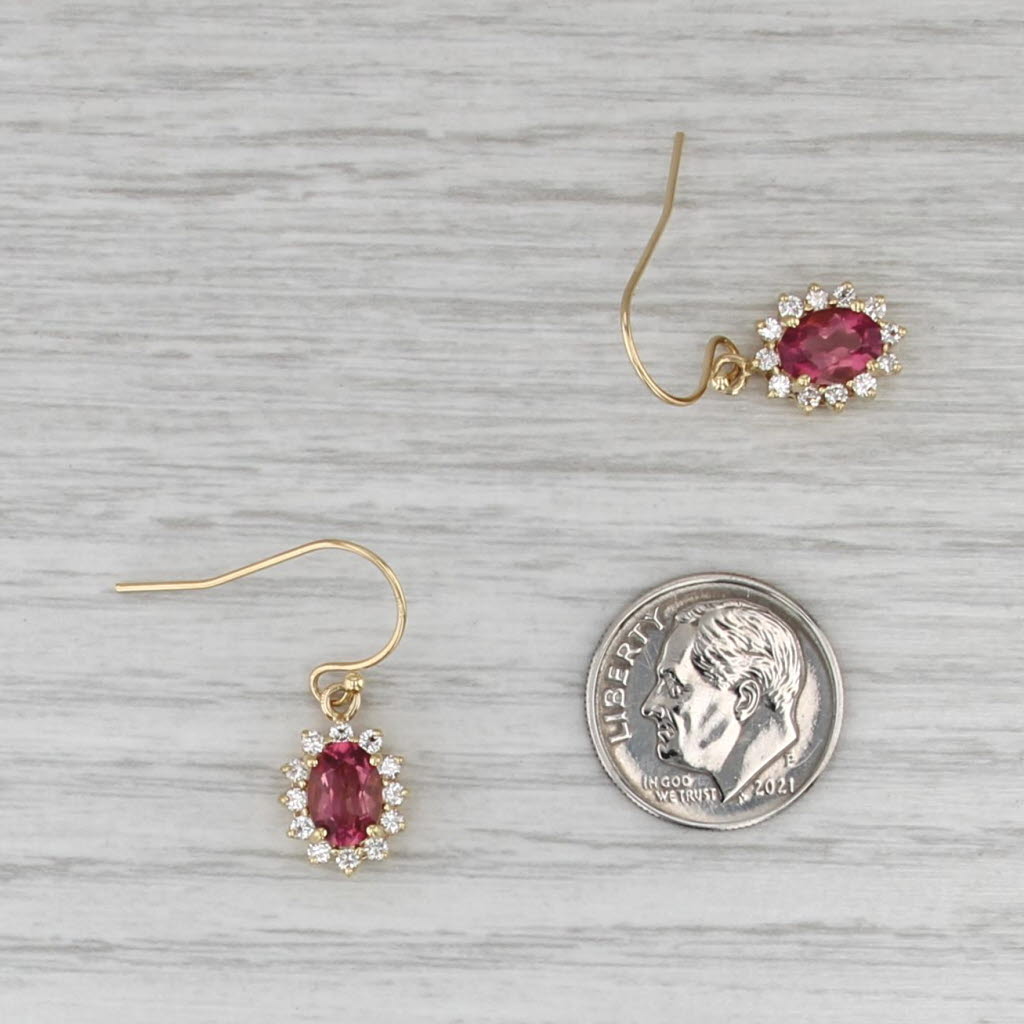 2.07ctw Pink Tourmaline Diamond Halo Dangle Earrings 18k Yellow Gold Hook Posts