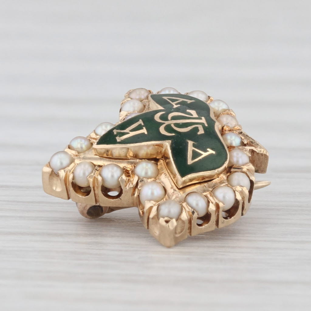 Light Gray Alpha Kappa Alpha Badge Pearl Sorority Leaf Pin 14k Gold Vintage Greek Society