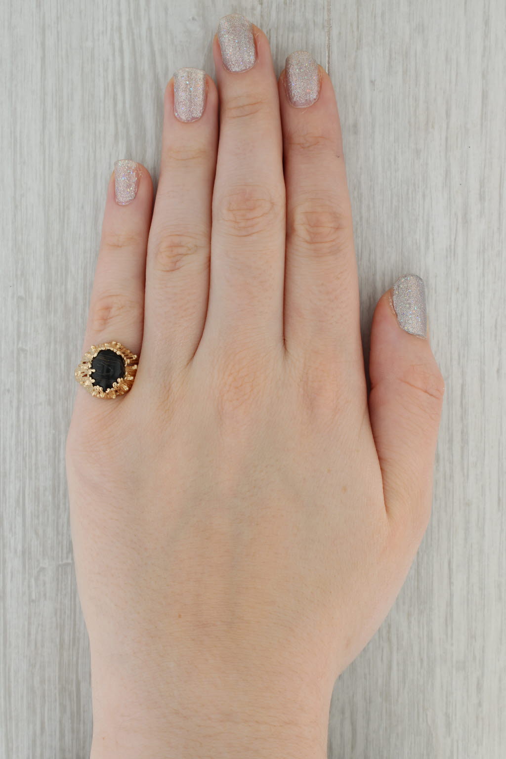 Dark Gray Maui Divers Black Coral Ring 14k Yellow Gold Size 7.25 Cabochon Solitaire