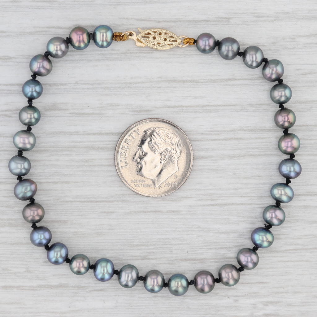 Light Gray Black Cultured Pearl Single Strand Bracelet 14k Yellow Gold 7.25"