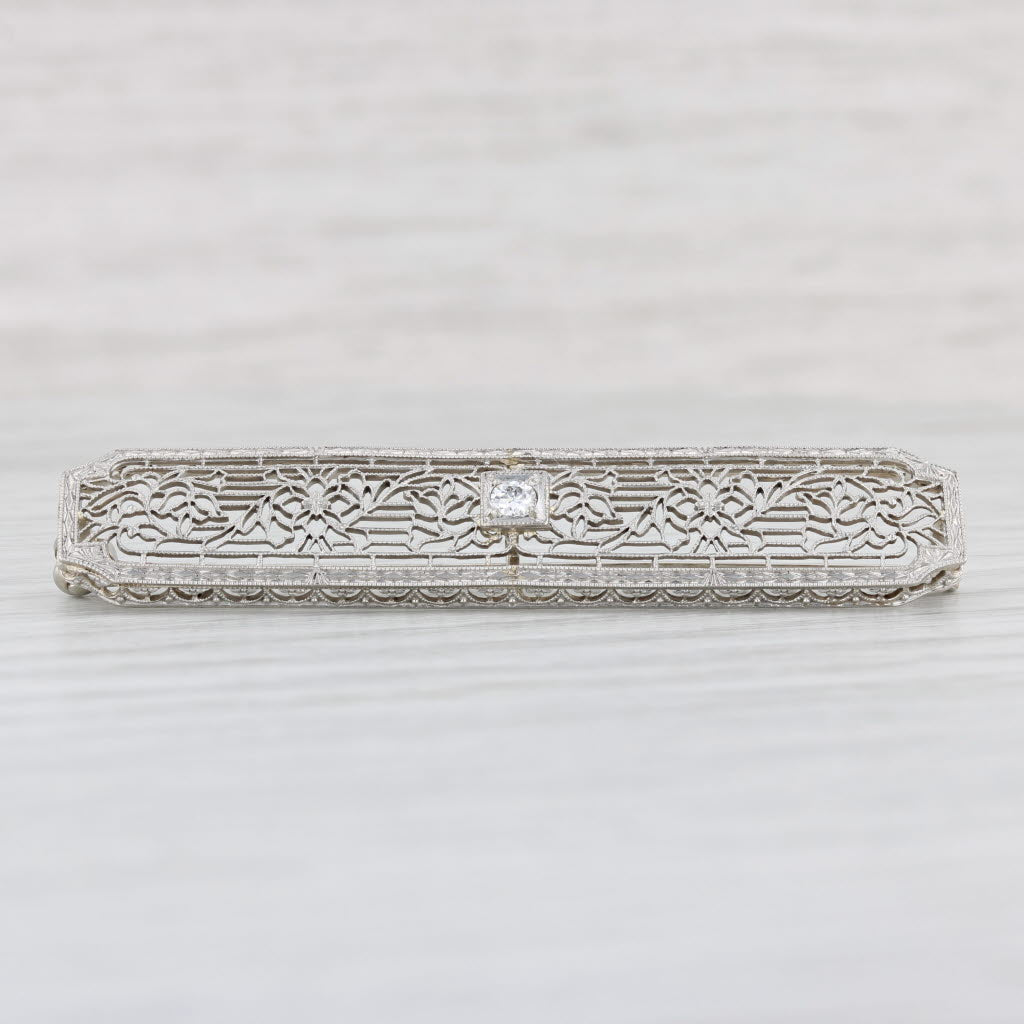 Light Gray Art Deco Diamond Filigree Bar Brooch Platinum 14k Gold Vintage Pin